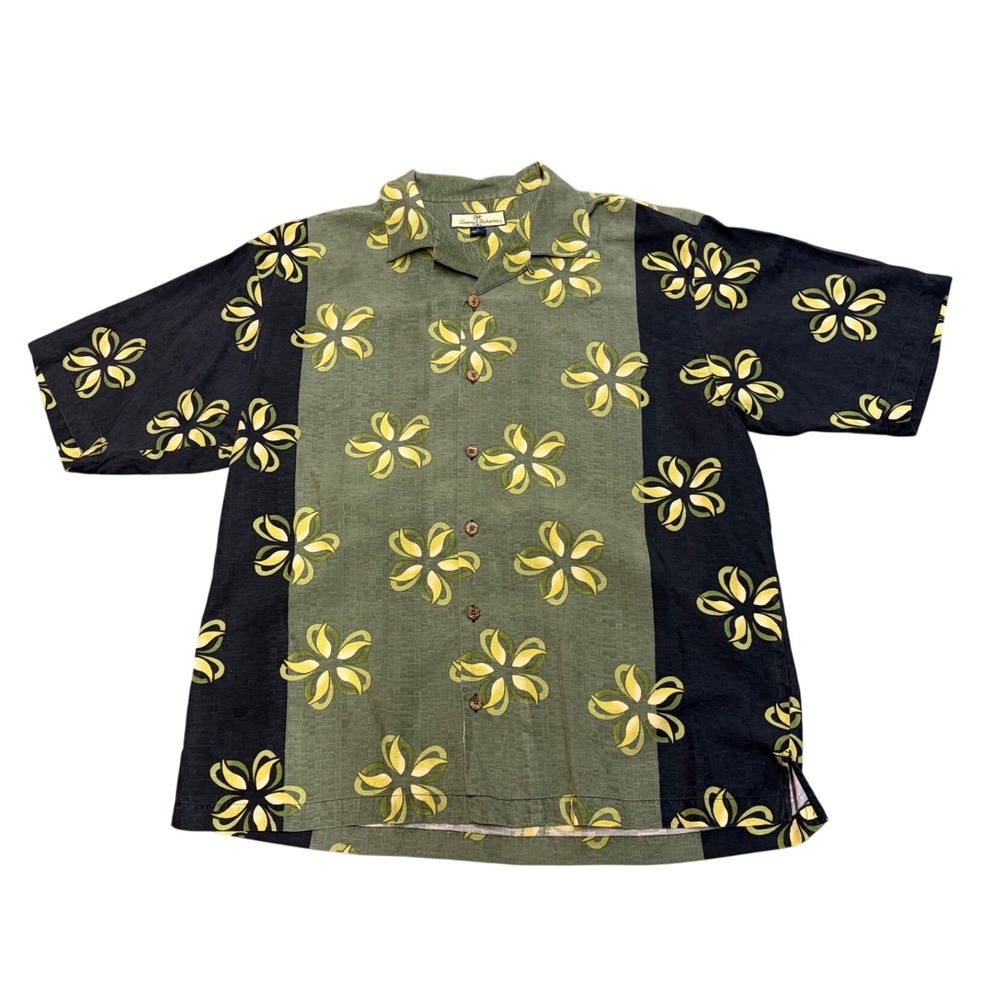 Tommy Bahama Mens Silk Camp Shirt Green Black Floral Tropical Button Up Medium